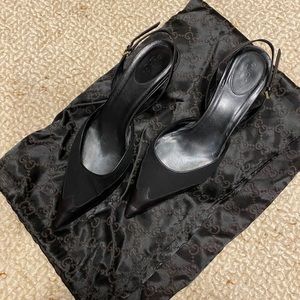 Gucci Black Leather and Canvas Slingback Heels